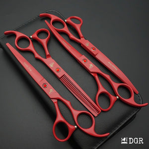 7" Professional Pet Grooming 4Pcs shears-happy dog - (Red)