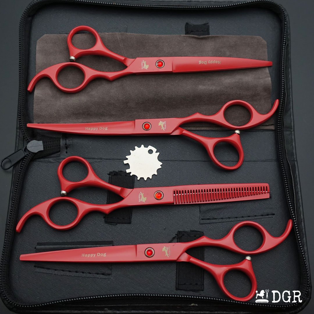 7" Professional Pet Grooming 4Pcs shears-happy dog - (Red)