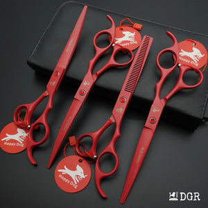 7" Professional Pet Grooming 4Pcs shears-happy dog - (Red)