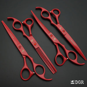 7" Professional Pet Grooming 4Pcs shears-happy dog - (Red)