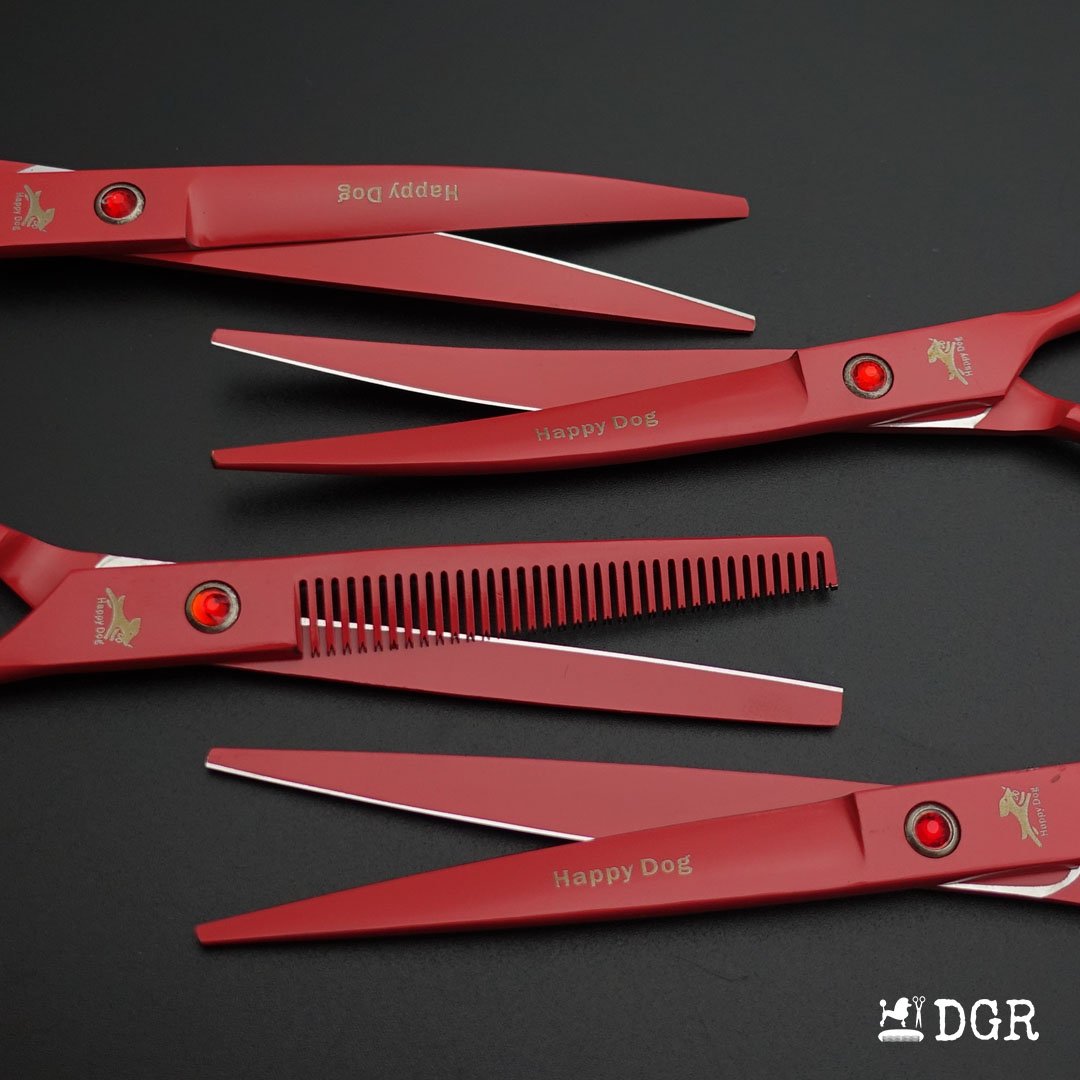 7" Professional Pet Grooming 4Pcs shears-happy dog - (Red)