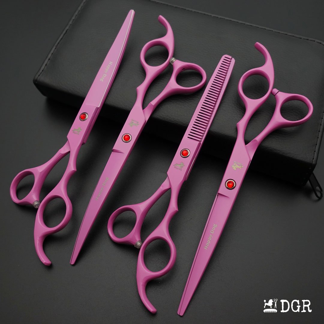 7" Professional Pet Grooming 4Pcs shears-happy dog - (Pink)