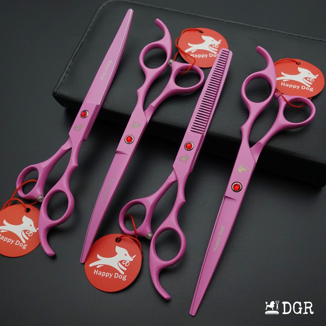 7" Professional Pet Grooming 4Pcs shears-happy dog - (Pink)