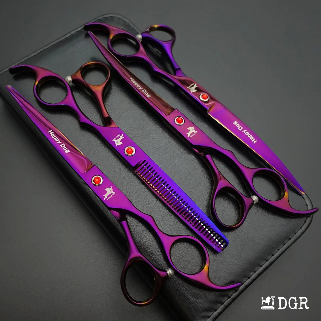 7" Professional Pet Grooming 4Pcs shears-happy dog - (Red)